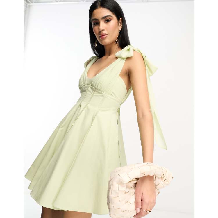 ASOS DESIGN bow shoulder mini dress with pleat waist in sage