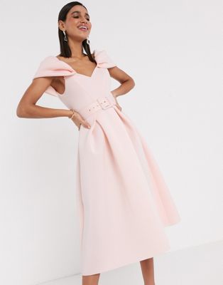 ASOS DESIGN bow sleeve belted prom midi dress in rose pink | ASOS