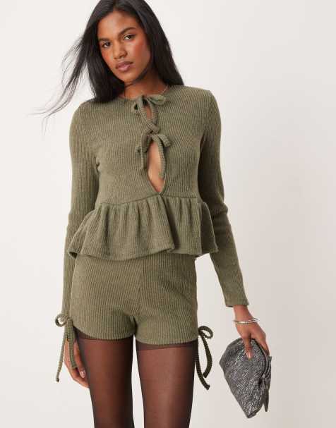 ASOS DESIGN bow tie front brushed rib long sleeve peplum top in khaki (part of a set) - view 1