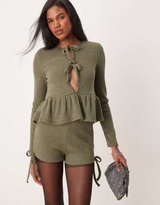 Asos Design Bow Tie Front Brushed Rib Long Sleeve Peplum Top In Khaki-green