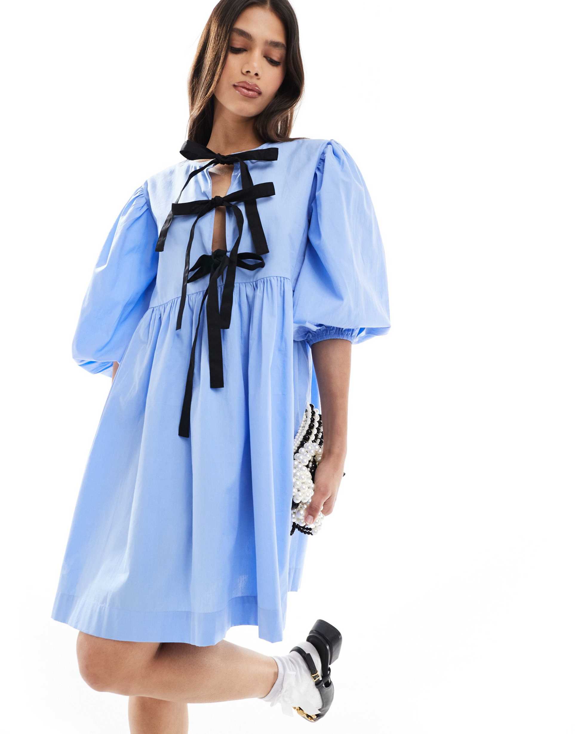 asos design bow tie front mini smock dress in sky blue