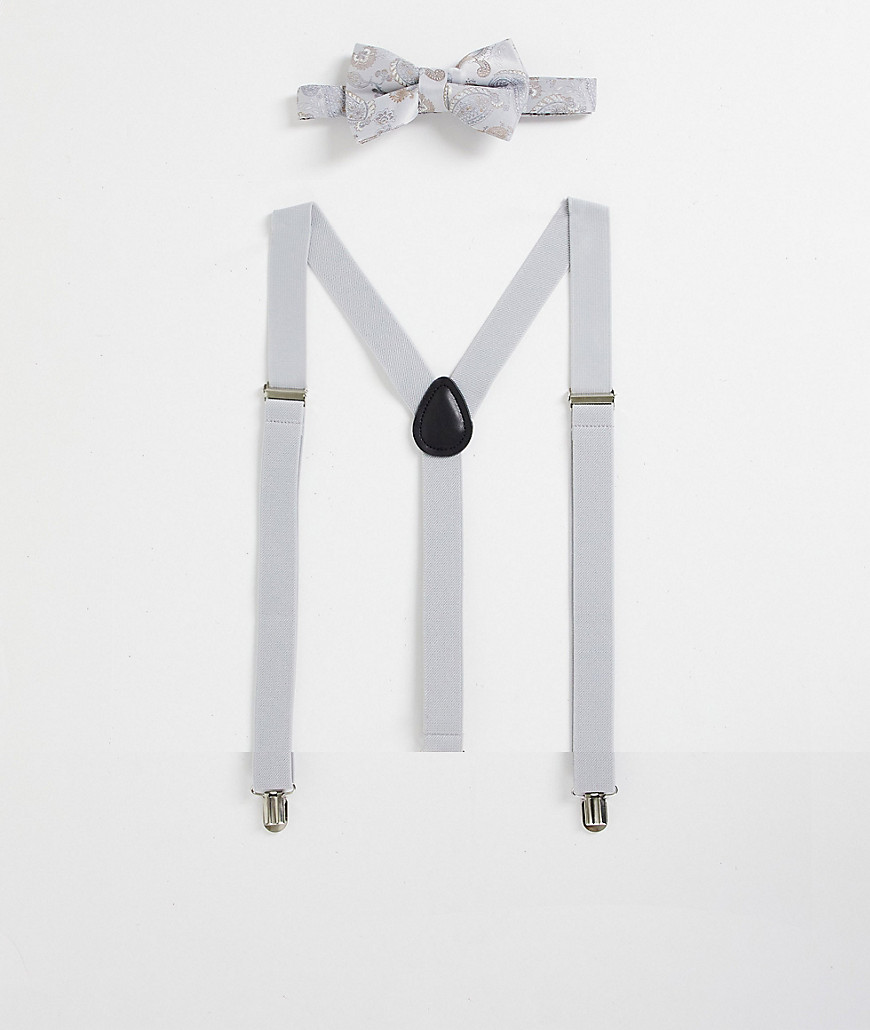 Asos Design Bow Tie In Silver And Navy Paisley With Navy Braces-Multi