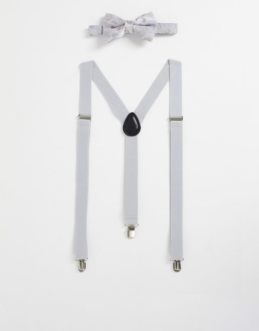 ASOS DESIGN bow tie in silver and navy paisley with navy braces