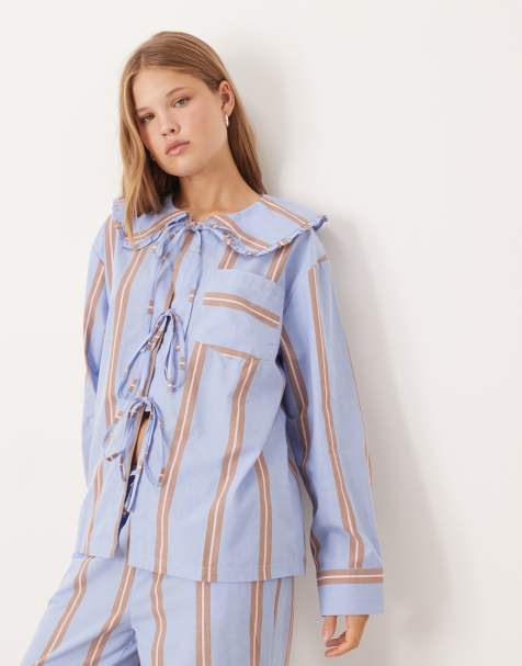 ASOS DESIGN bow tie up shirt & wide leg pants pajama set in blue & brown stripe - view 1