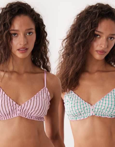 ASOS DESIGN Bowie 2 pack woven scrunch triangle bralettes in pink & green gingham - view 1