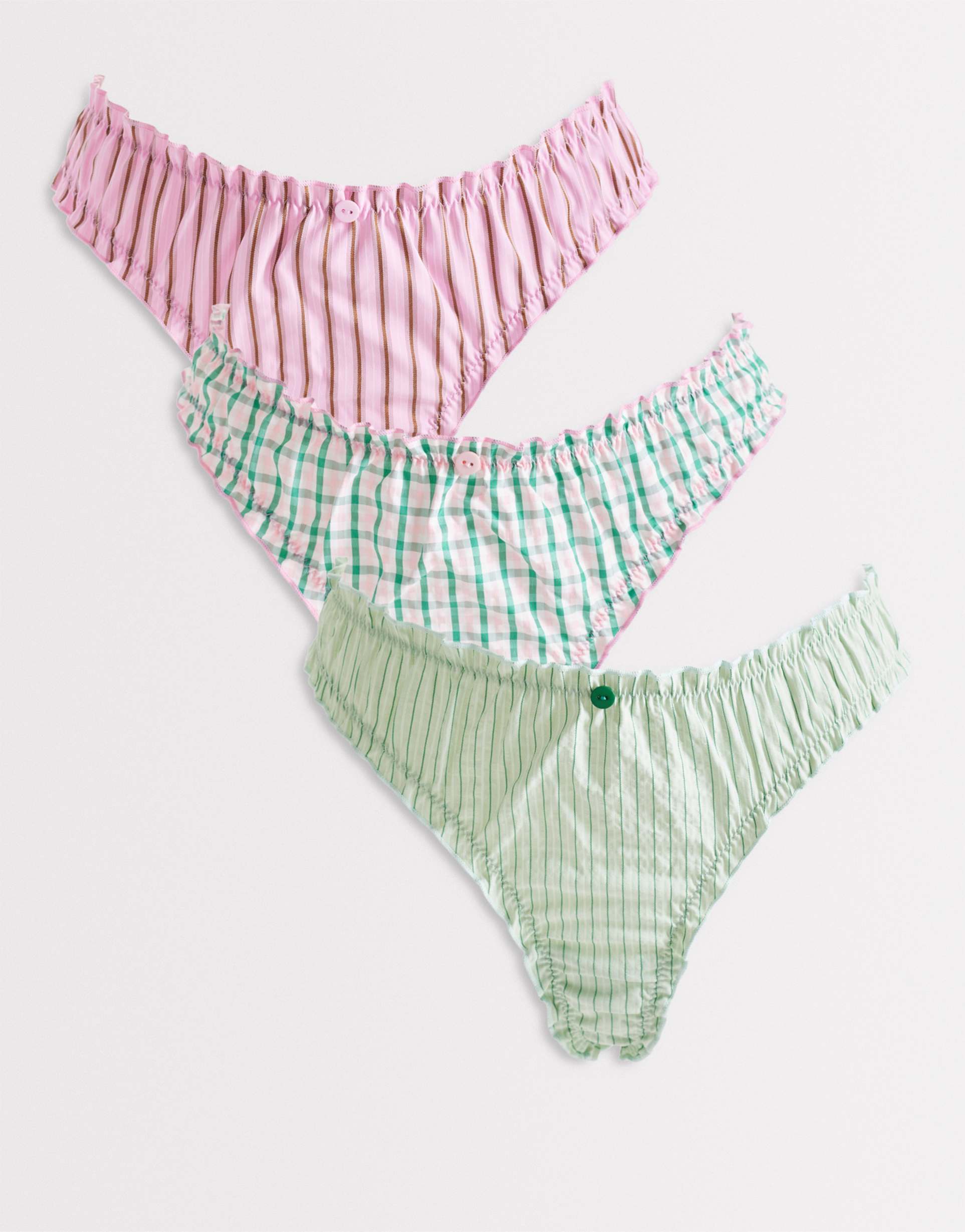 asos design bowie 3 pack woven scrunch thong pack in pink & green gingham