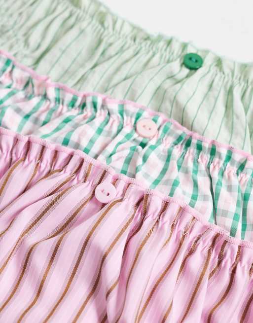 ASOS DESIGN – Bowie – Rosa, gröna och ginghamrutiga stringtrosor med vävda, rynkade detaljer, 3-pack, 3 av 3