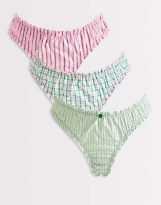 ASOS DESIGN - Bowie - Tangas in Rosa und Grün aus Webstoff mit Vichy-Karos und Knitterstruktur, 3er-Pack-Bunt