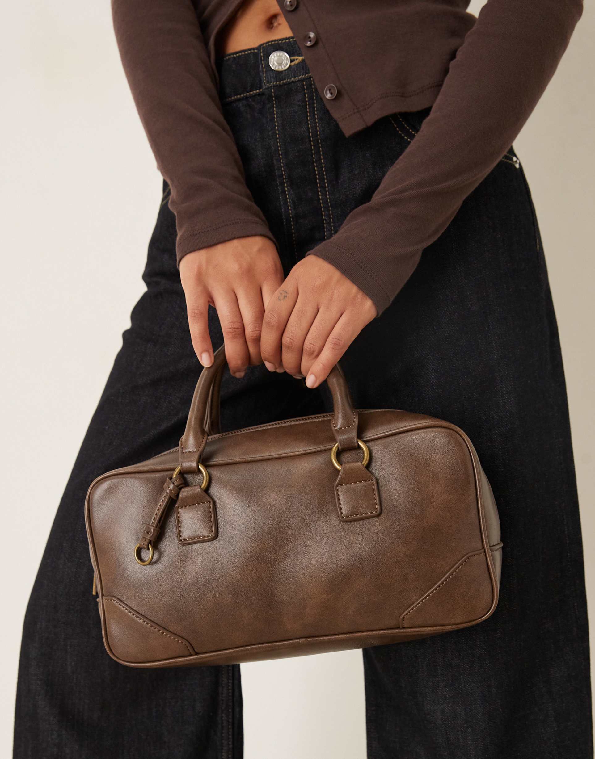 asos design bowler mini purse in washed brown