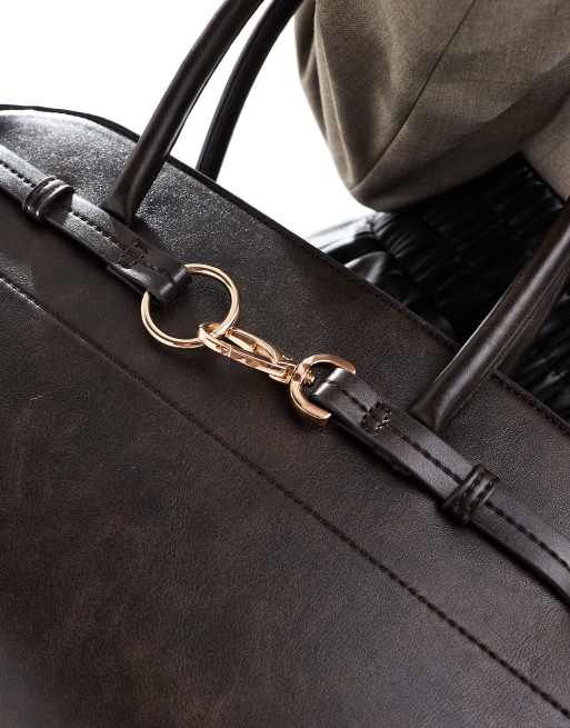 ASOS DESIGN bowler tote bag with dog clip in washed brown, 2 of 4