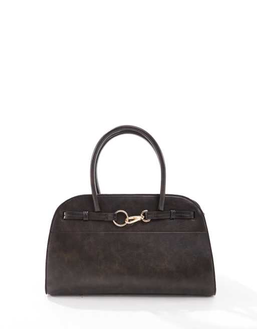 ASOS DESIGN bowler tote bag with dog clip in washed brown, 3 of 4