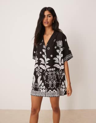 ASOS DESIGN - Bowling-Hemdkleid in Schwarz-Weiß mit Streifen-Bunt