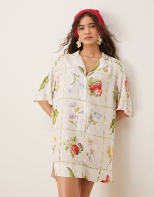 ASOS DESIGN - Bowling-Hemdkleid mit Postkarten-Print-Bunt