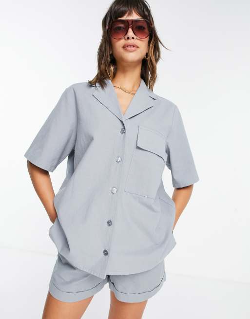 ASOS DESIGN bowling shirt co-ord in washed duck egg blue
