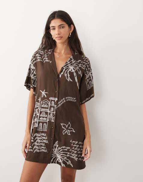 ASOS DESIGN bowling shirt dress in chocolate conversational print - view 1