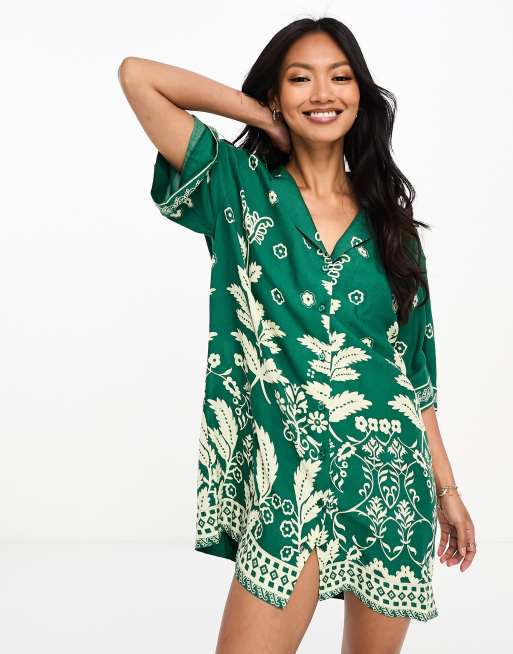 ASOS DESIGN bowling shirt dress in green scarf print | ASOS