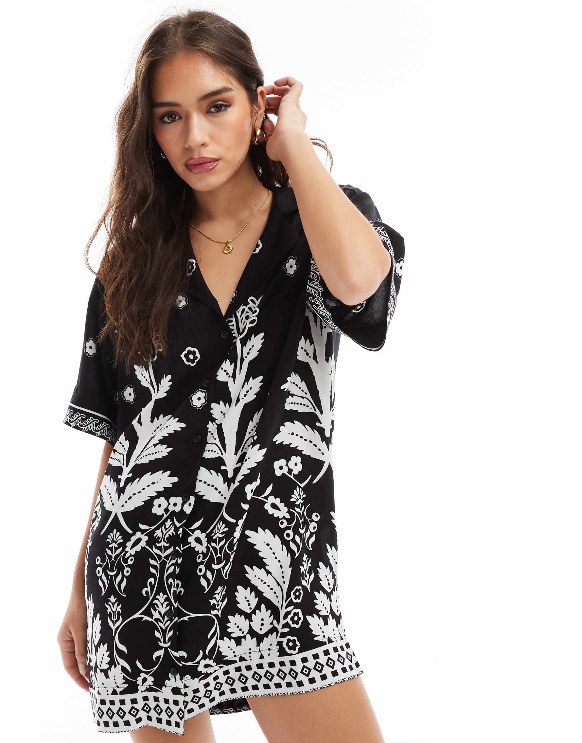 asos design bowling shirt dress in mono scarf print