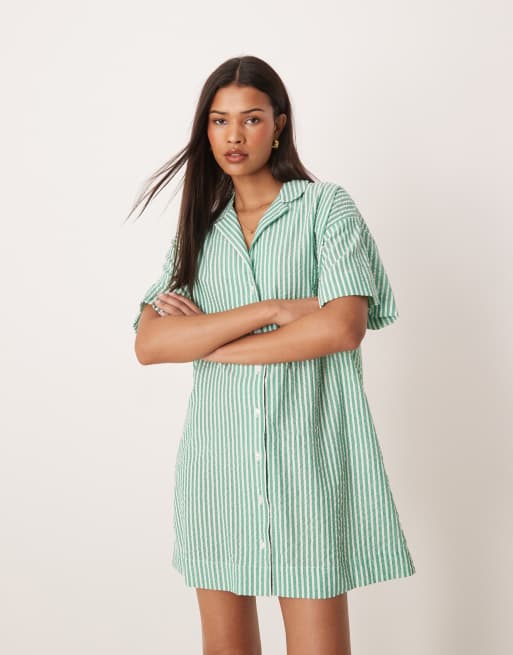 ASOS DESIGN bowling shirt dress in stripe print in green stripe, 2 of 4