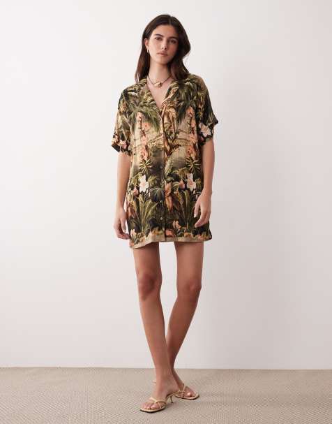 ASOS DESIGN bowling shirt dress in vintage tropical print - view 1