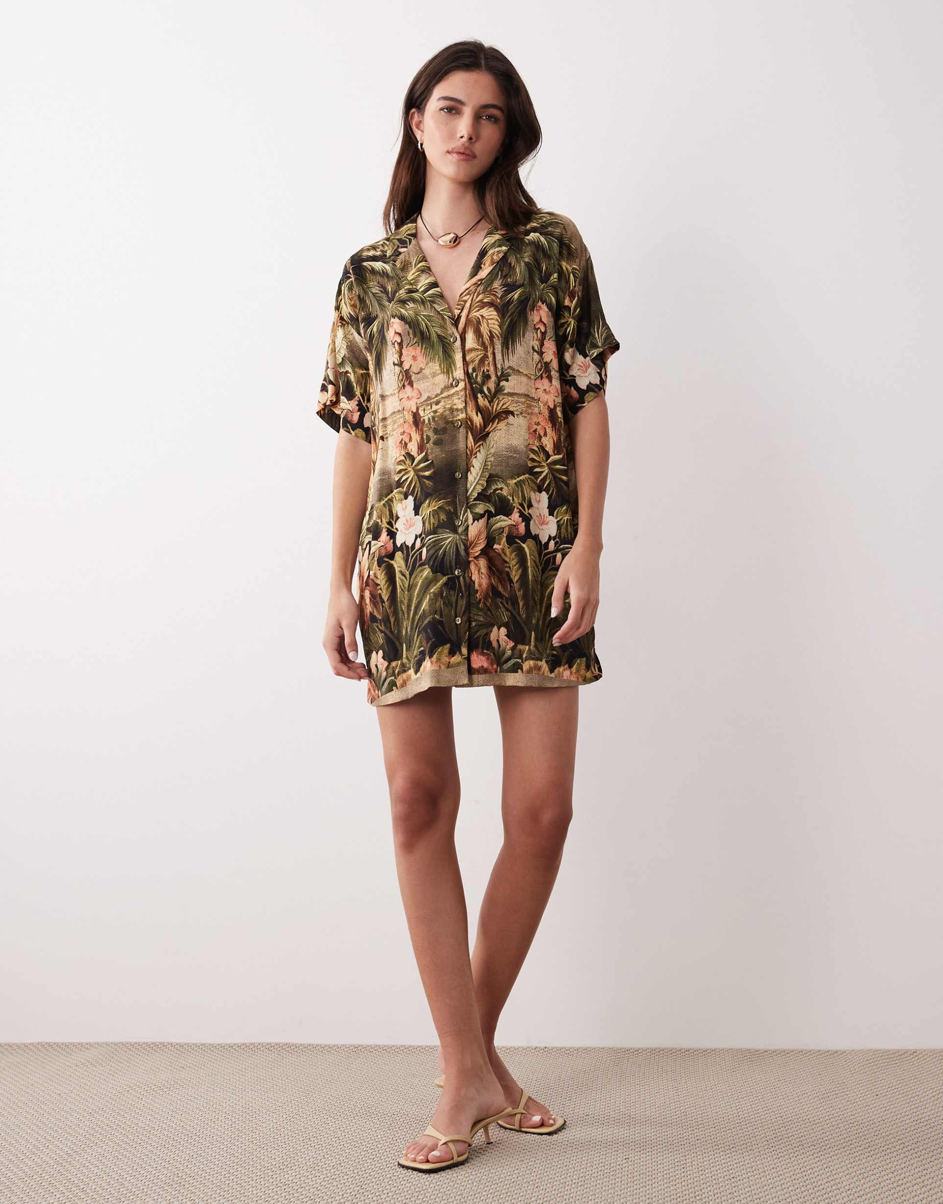 asos design bowling shirt dress in vintage tropical print