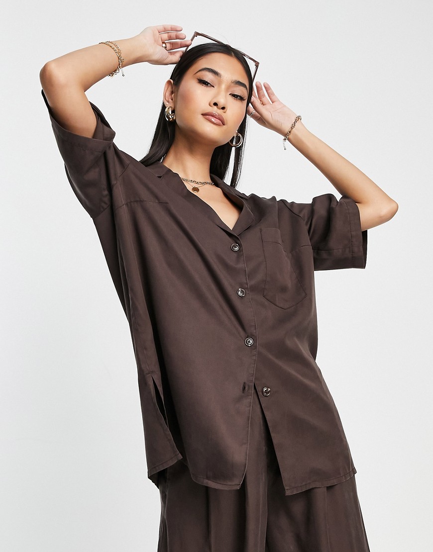 ASOS DESIGN bowling shirt in chocolate - part of a set-Brown