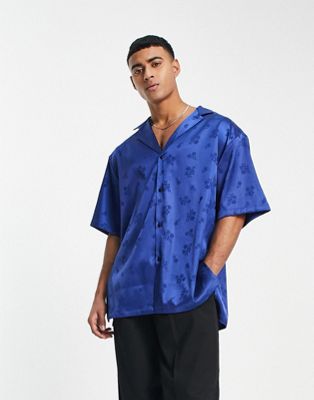 Asos Design Bowling Shirt In Cobalt Blue Jacquard
