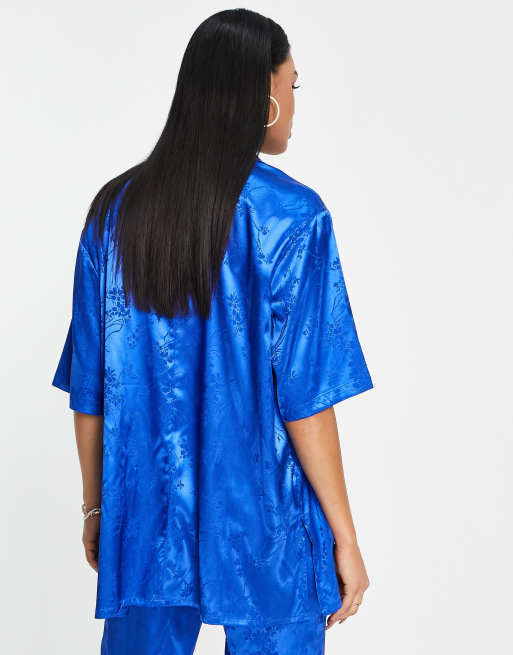 ASOS DESIGN bowling shirt in cobalt satin jacquard - part of a set, 2 of 4