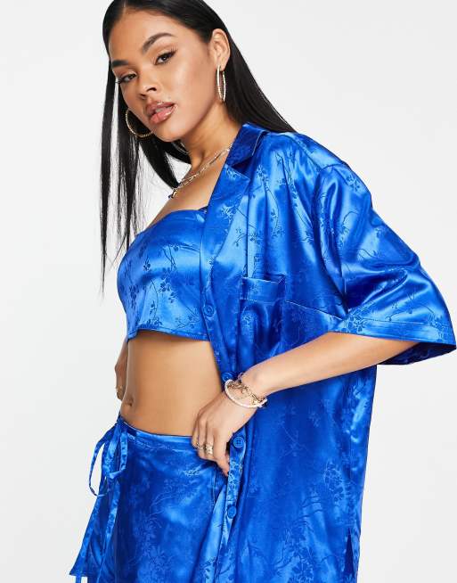ASOS DESIGN bowling shirt in cobalt satin jacquard - part of a set, 3 of 4