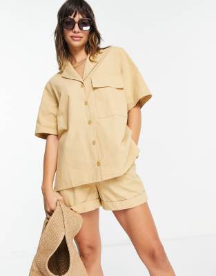 Asos Design Bowling Shirt In Washed Honey Part Of A Set-brown