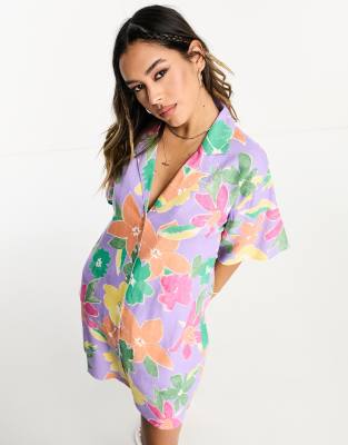 ASOS DESIGN bowling shirt mini dress in purple floral print - part of a set-Multi