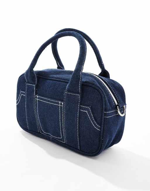 ASOS DESIGN – Bowling-Umhängetasche aus marineblauem Denim mit Kontrastnähten, 2 von 4