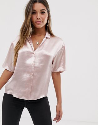 ASOS DESIGN – Bowlingskjorta i glansig satin-Rosa