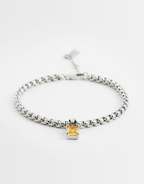 ASOS DESIGN box chain bracelet with stone pendant detail in silver - view 1