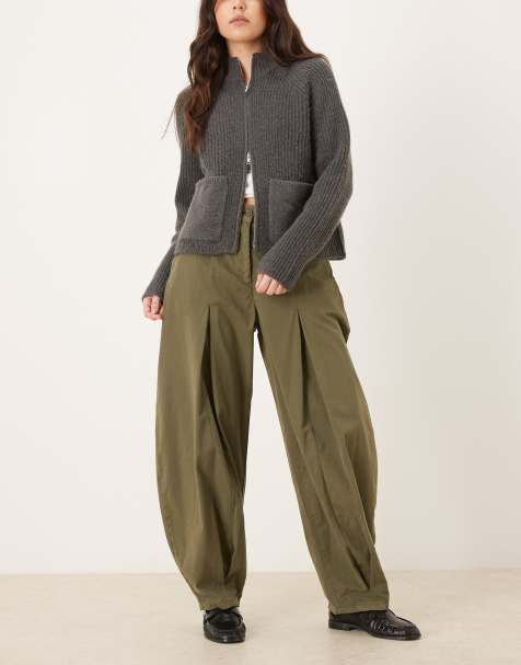 ASOS DESIGN box pleat barrel leg trouser in olive green - view 1
