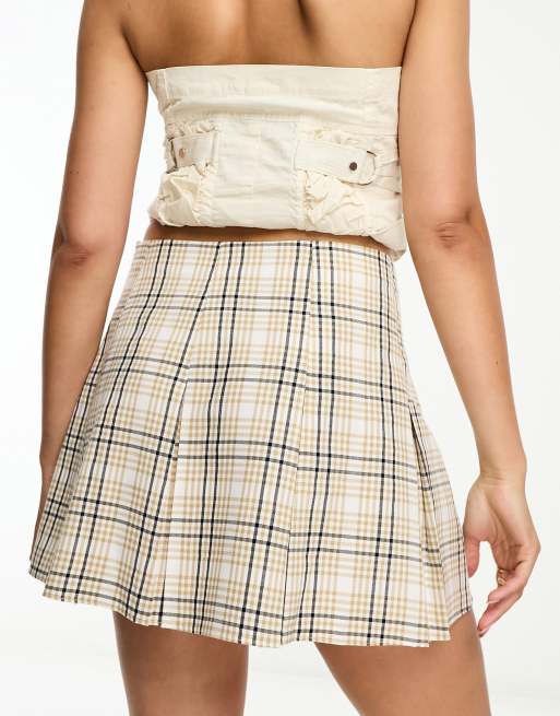 ASOS DESIGN box pleat micro mini skirt in beige plaid , 2 of 4