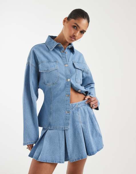 ASOS DESIGN box pleat mini skirt in light wash denim - view 1