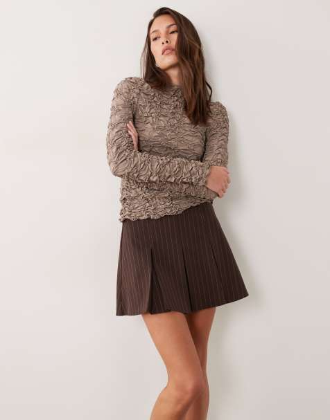 ASOS DESIGN box pleat tailored mini skirt in brown stripe - view 1