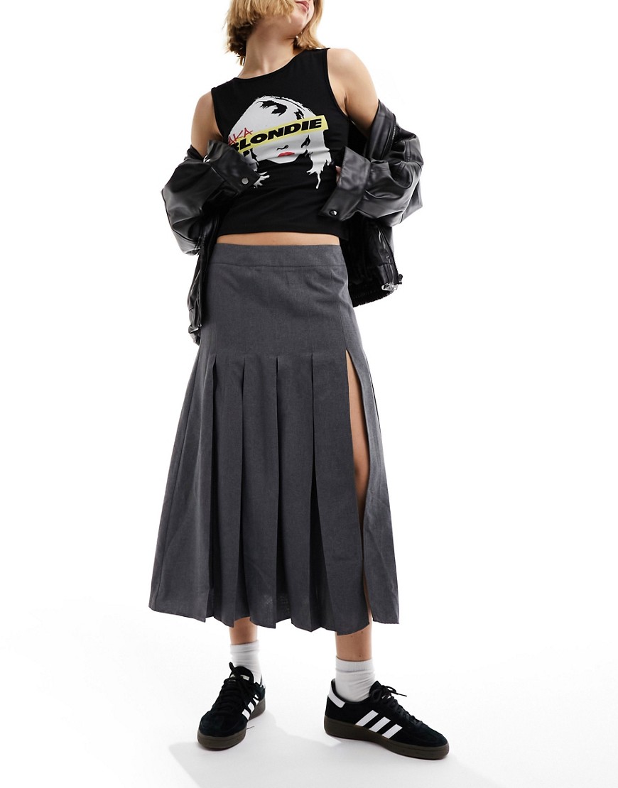 Asos Design Box Pleated Midi Skirt With High Split In Gray