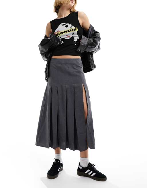 Asos satin pleated midi skirt with thigh split sale