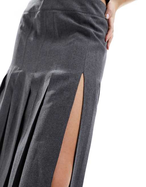 ASOS DESIGN box pleated midi skirt with high split in gray
