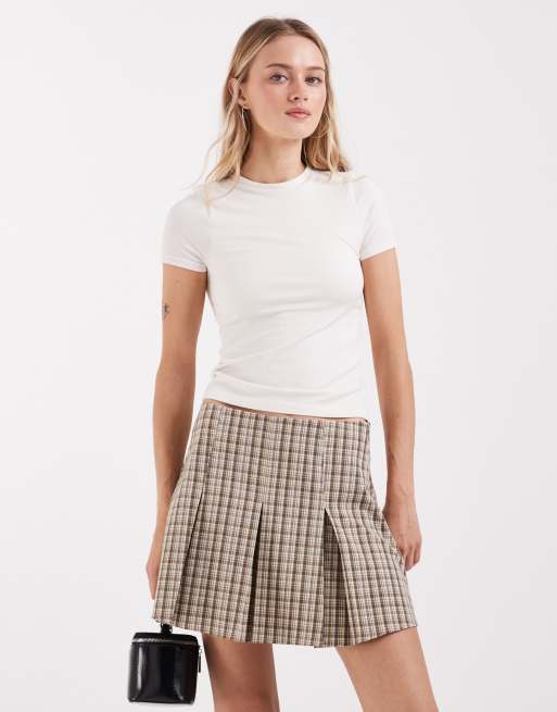 ASOS DESIGN box pleats tailored mini skirt in brown micro plaid, 2 of 5