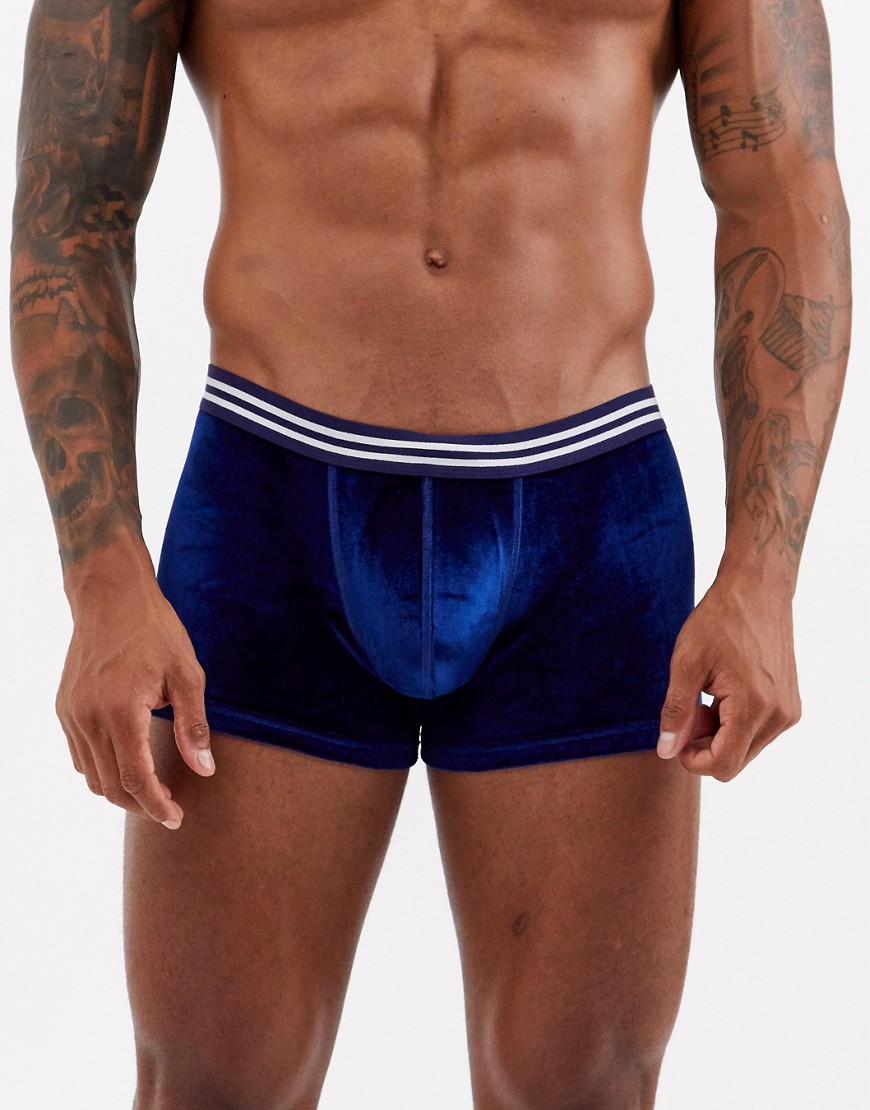 ASOS DESIGN - Boxer aderenti in velluto blu navy con elastico in vita blu navy e bianco