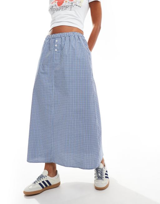 ASOS DESIGN boxer detail midi skirt in plaid in blue plaid