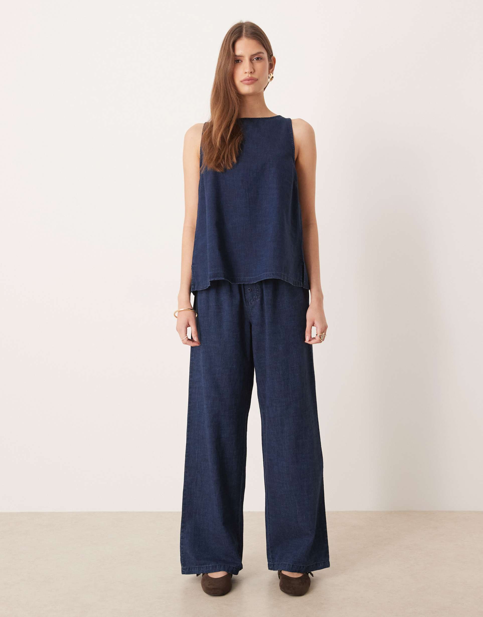 asos design boxer waist wide leg denim pants in indigo - part of a set