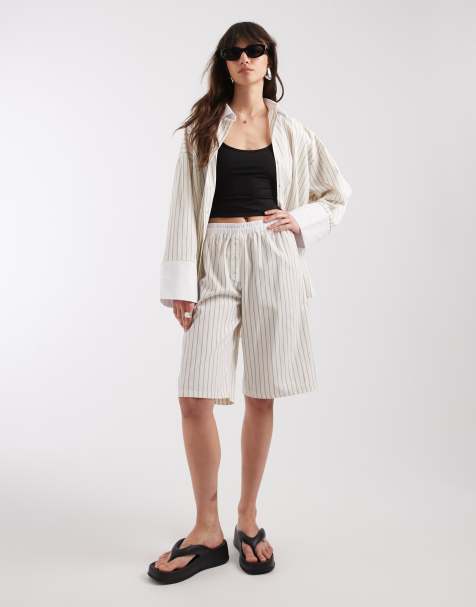 ASOS DESIGN boxer waistband pull on bermuda shorts in ecru stripe co ord