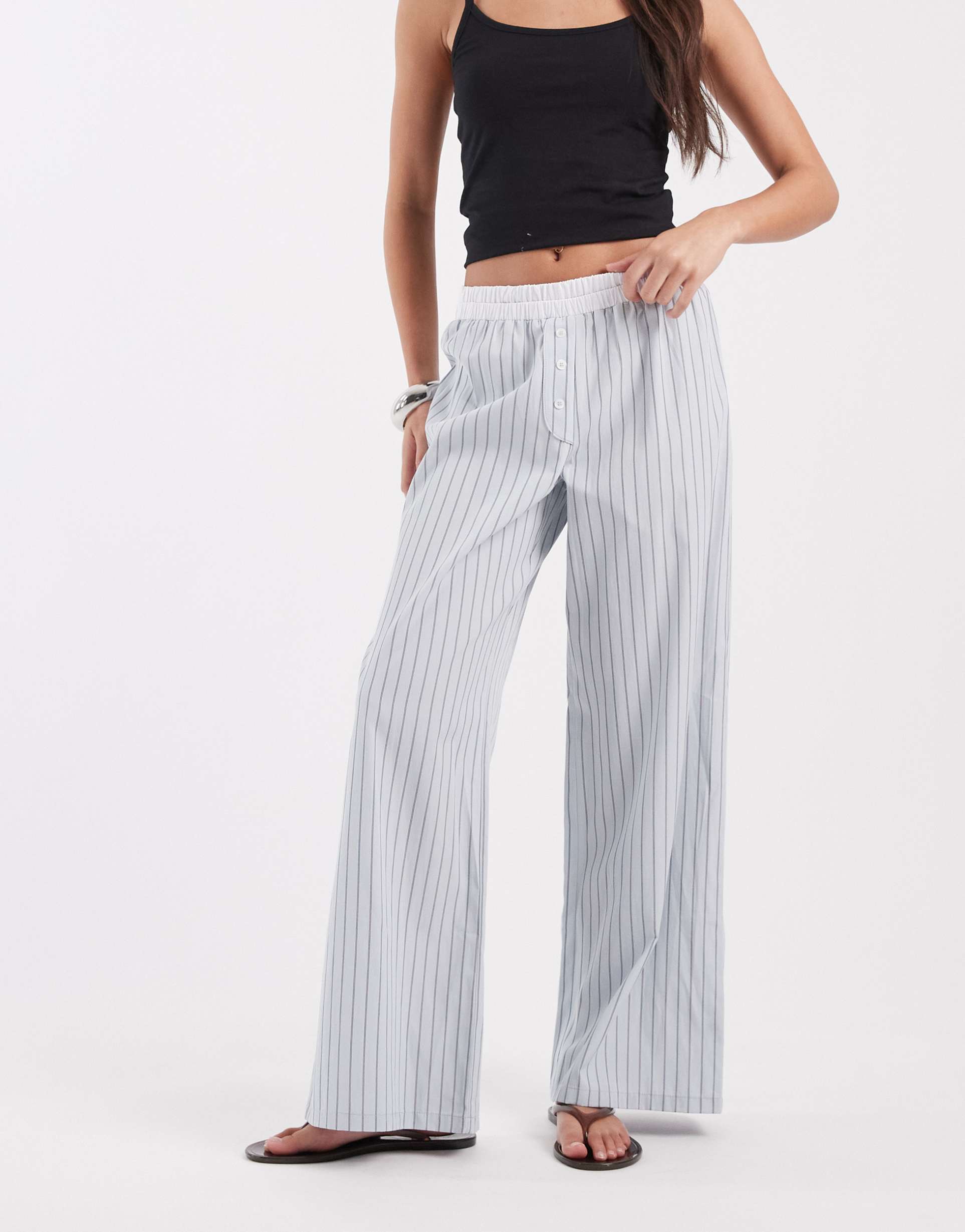 asos design boxer waistband wide leg pants in blue stripes -set