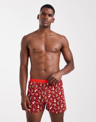 Asos Design Boxer With Retro Christmas Graphic In Red