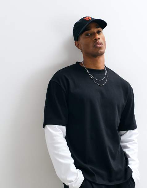 ASOS DESIGN boxig avslappnad interlock-t-shirt med dubbla lager och långa ärmar i svart - view 1