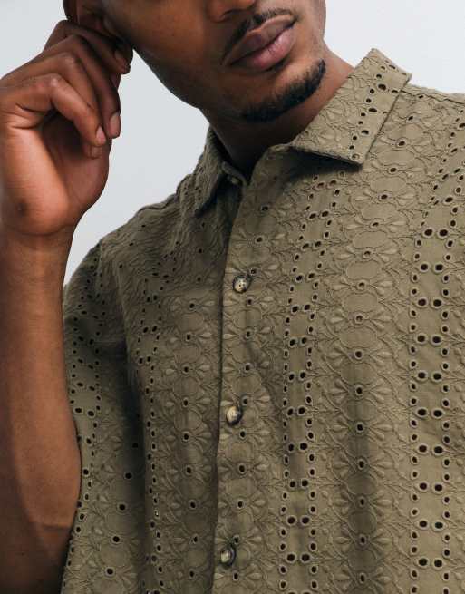 ASOS DESIGN boxig oversize broderie-skjorta i khaki, 2 av 5