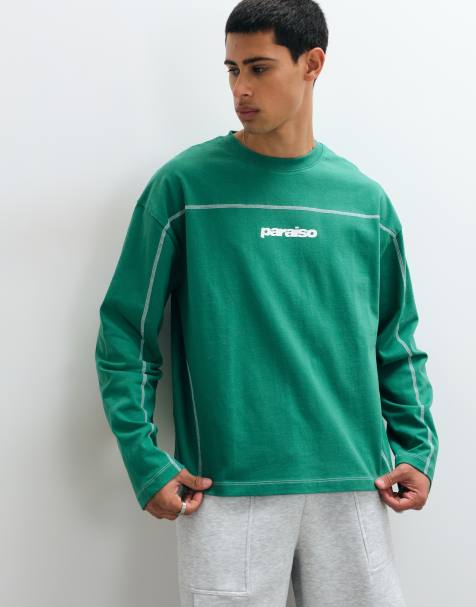 ASOS DESIGN boxig oversize långärmad t-shirt med texttryck i grönt - view 1